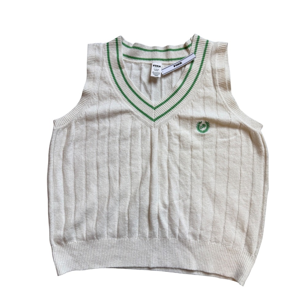 Victoria's Secret PINK Sweater Vest Cream Green Varsity Collegiate V-Neck XL NEW